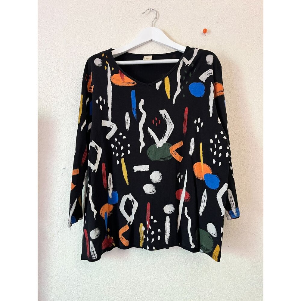 Jess & Jane Womens Black Abstract Graphic Long Sleeve V-Neck Tunic Top Casual